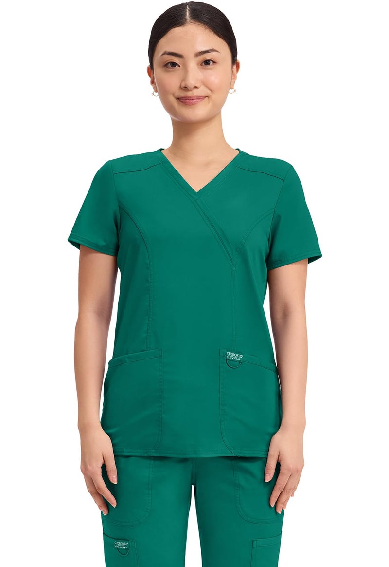 Cherokee Scrubs Top for Women Mock Wrap with 3 Pockets, Soft, 2-Way Stretch & Durable Fabric - WW610, XL, Hunter Green - Image 1